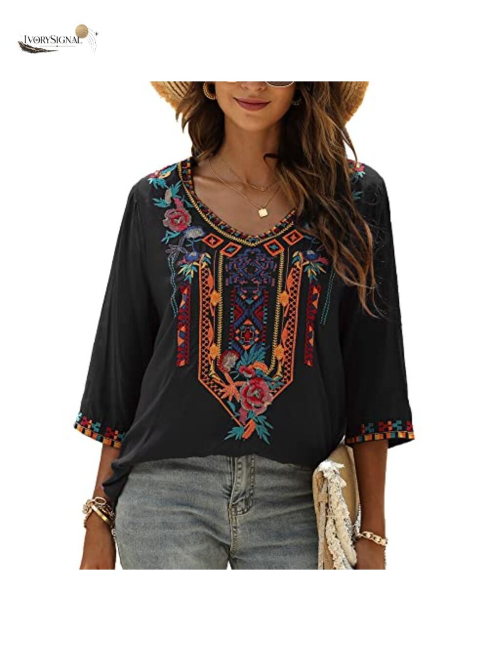 Bohemian Embroidered Peasant Blouse Tunic Top V-Neck 3/4 Sleeve Rayon